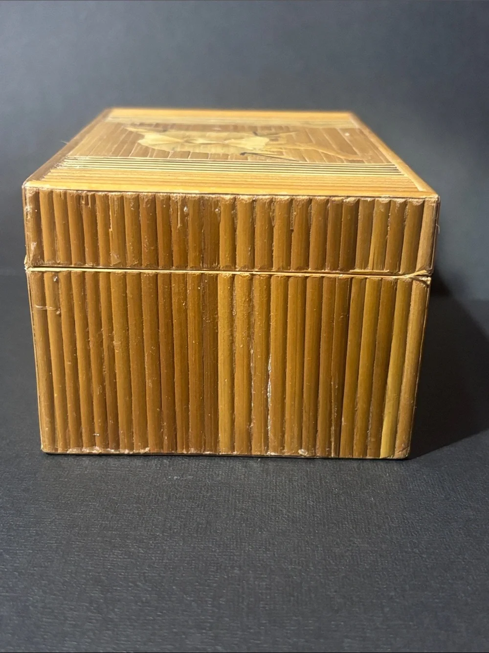 Vintage bamboo floral inlay trinket holder jewelry box velvet lined handmade